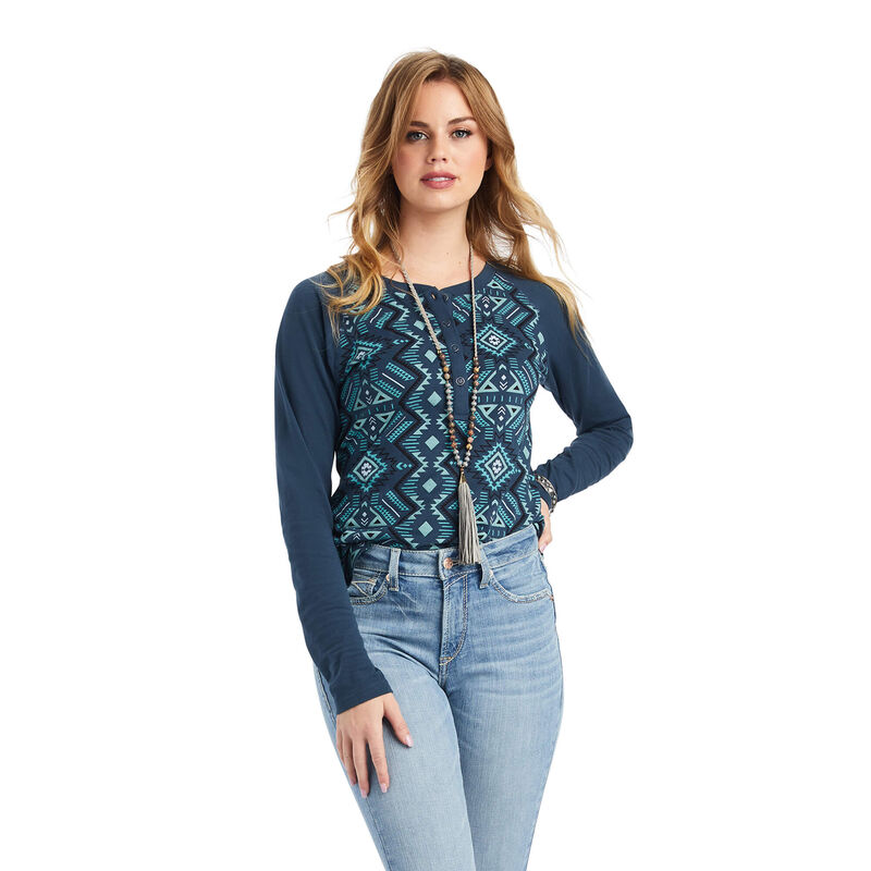 Ariat Real Printed Henley - Naisten Laivastonsininen Puserot ( FWBQGC-982 )